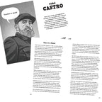 Page from a book featuring an illustration of Fidel Castro and text about his life.