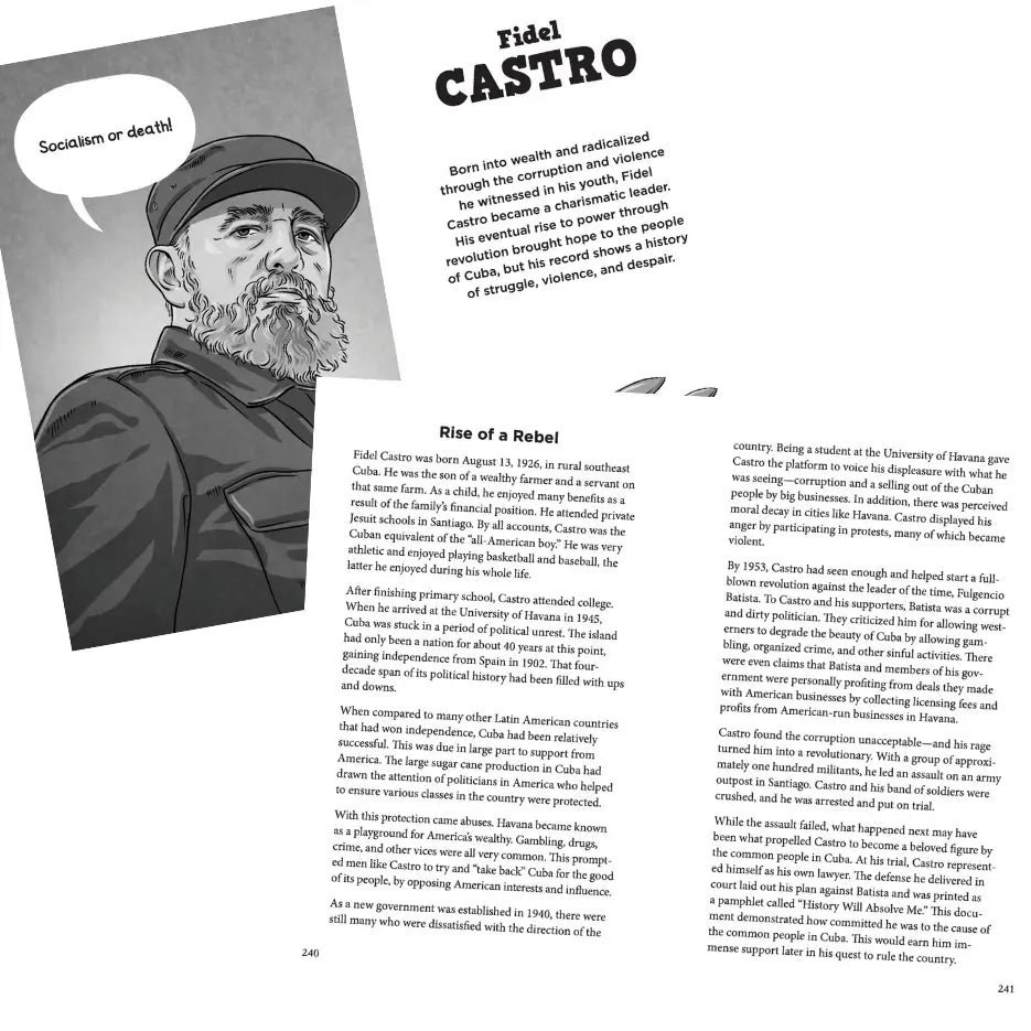 Page from a book featuring an illustration of Fidel Castro and text about his life.
